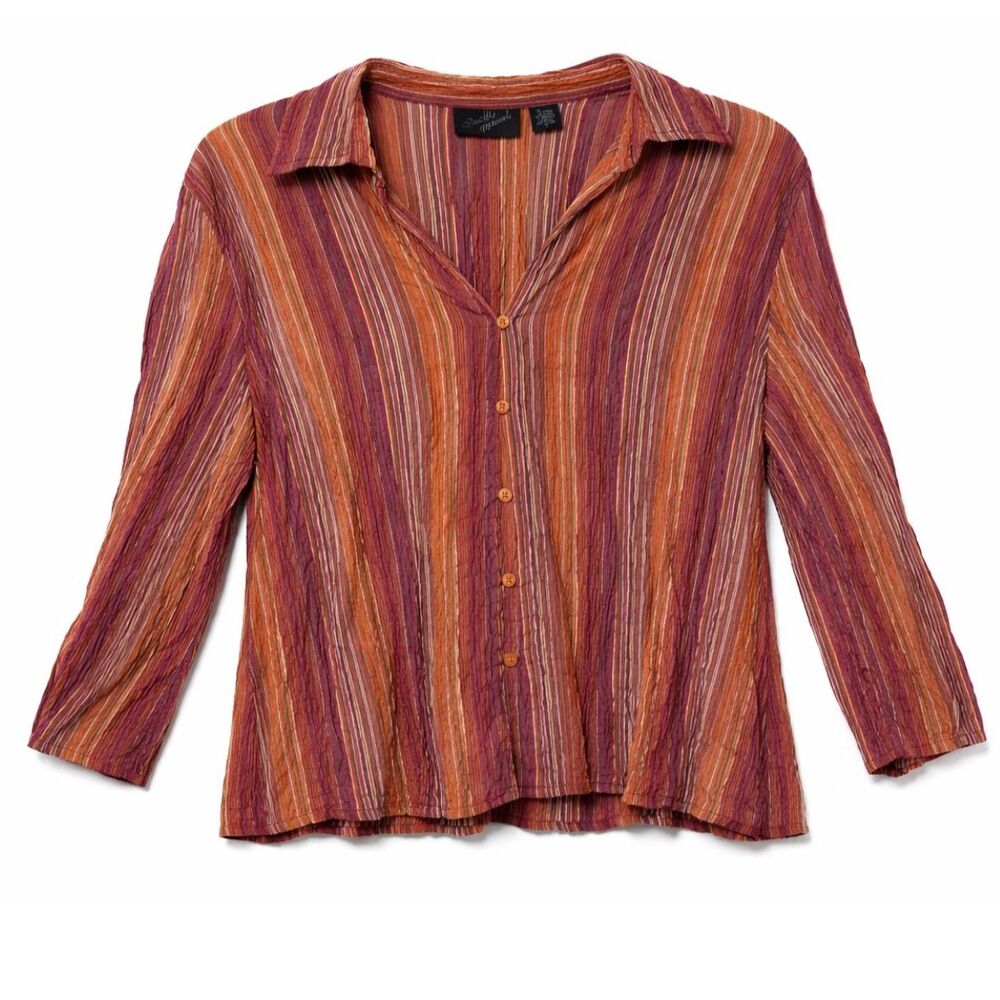 Giselle Apparel Striped Crinkle Button Top Womens L Boho Earth Tone Retro‎ 90s